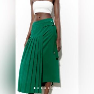 ZARA Green Pleated Midi Skirt NWT